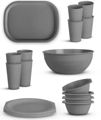 Image de Set de vaisselle en plastique - réutilisable gris 18 pièces pour 4 personnes