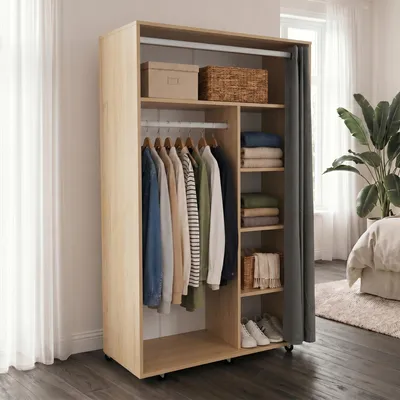 Produktbild von VCM Kleiderschrank auf Rollen H. 175 x B. 101 x T. 51 cm mit Kleiderstangen, Regalfächern & Vorhang, mobiler Garderobenschrank - Ostila