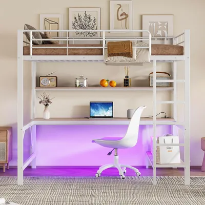 Immagine prodotto di Letto a soppalco Sweiko 140x200 cm, con usb e presa di corrente, luce ambiente telecomandata, scrivania, senza materasso, metallo, bianco