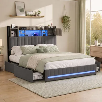 Produktbild von INONEFT Bett 140x200cm mit 4 Schubladen, Doppelbett Polsterbett mit LED, Kopfteil mit Stauraum und USB Type-C, Bettgestell mit Lattenrost, Leinen Grau