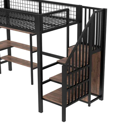 Obrázek produktu pro okwish Vysoká postel 90x200 cm s ochranným zábradlím, patrová postel s stolem a regály, kovová postel pro děti s latěmi, Černá