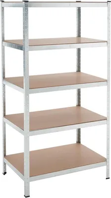 A metal shelving unit with wooden shelves against a white background.
