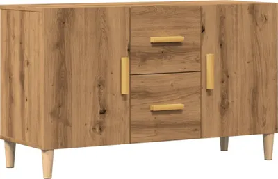 A wooden sideboard with gold handles.