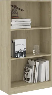 Imagen del producto de Estantería de tres niveles en madera de roble Sonoma, con dimensiones de 23,6" x 9,4" x 42,5", fabricada en aglomerado