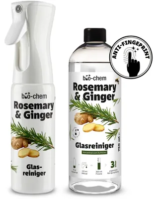Produktbild von bio-chem Rosemary & Ginger Glasreiniger Konzentrat | Premium Fensterreiniger für streifenfreien Glanz | für Glas Spiegel Fenster Hochglanzflächen | Duftsprühflasche Flowra + 750 ml Refill