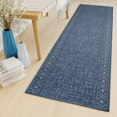 Produktbild von Läufer Teppich Meterware Flur Wohnzimmer Schlafzimmer Kurzflor Modern Design Rutschfest Blau 80 x 550