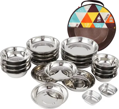 Immagine prodotto di Servizio da campeggio Piatti e ciotole in acciaio inox Set di stoviglie in acciaio inox da 22 pezzi