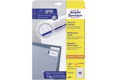 Image de Avery Zweckform 4780 Étiquettes universelles, 48,5 x 25,4 mm, 25 feuilles/1 000 étiquettes, blanc