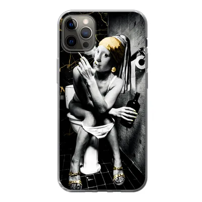 Produktbild von MuchoWow® Handyhülle Schutzhülle Hülle für iPhone 13 Pro Max Marmoroptik - Mädchen mit Perlenohrring - Zigaretten - Toilette - Gold - Kunst - Alte Meister Silikon Softcase Handy Hülle - Mobiltelefon