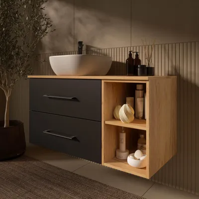 Produktbild von Planetmöbel LUX Badmöbel-Set Waschbecken mit Unterschrank 100 cm hängend Gold Eiche/Anthrazit & Aufsatz-Waschbecken 42 cm Weiß