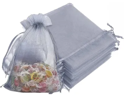 Image de 100 sacs cadeaux en organza, gris, de 9 x 12 cm, avec cordon de serrage