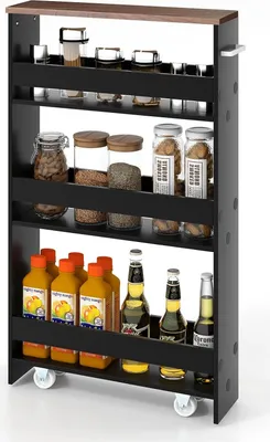 A black and brown four-tier rolling storage cart filled with various food items and beverages.