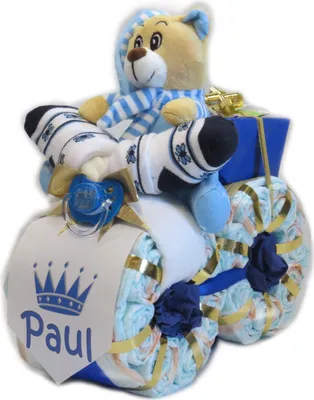 Produktbild von Windeltorte | Windelmotorrad Prinz mit Bär blau | Windelgeschenk Junge