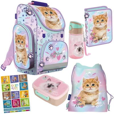 Produktbild von Schulranzen für Jungen und Mädchen, 6er-Set - Schul-Rucksack für Kinder mit Federmäppchen - Schuhbeutel und Hausaufgabenheft - Katze Motiv