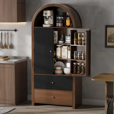 Image de Armoire d'angle Merax, armoire de cuisine à 2 tiroirs, armoire haute vitrine avec étagères dans la porte et compartiment supérieur ouvert, armoire à vin aspect noyer