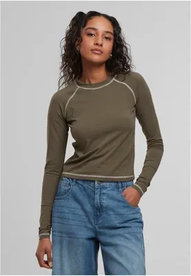 Zdjęcie produktu dla Damska koszulka z długim rękawem Urban Classics Ladies Contrast Jersey Longsleeve w kolorze oliwkowym – rozmiar XXL