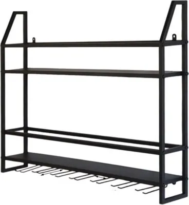 Immagine prodotto di Portavino - Portavino a parete - Portavino nero - Portavino sospeso - 2 ripiani - Scaffali per vino - Portavino in legno