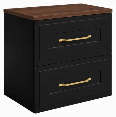 Productafbeelding van Badkamerkast, hangend, 60 cm breed, met lades, corpus in zwart, deuren in notenhout, handgrepen in goud, afmetingen: 60 x 46 x 58,6 cm, AI-gegenereerde afbeelding