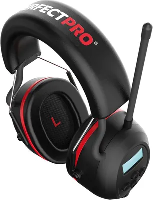 A black and red pair of headphones with an antenna and a small screen.