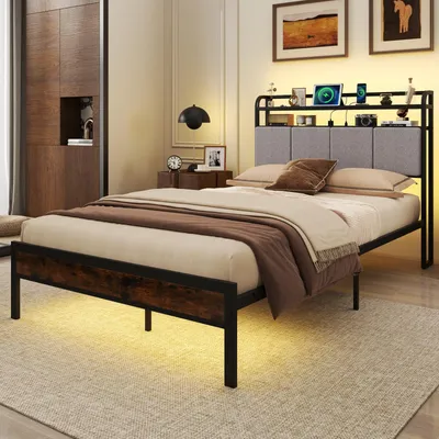 Produktbild von GOPLUS Metallbett mit LED-Beleuchtung & Ladefunktion, 140x200cm Gästebett mit gepolstertem Kopfteil, Bettgestell mit Lattenrost, Ohne Matratze, Grau