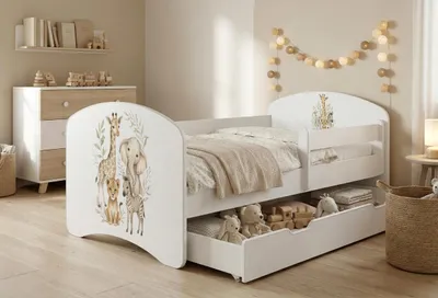 Obrázek produktu pro Dětská postýlka Happy Babies s bočními zábranami pro chlapce, 140 x 70 cm, do dětského pokoje, se zásuvkou, matrace, jednolůžko pro děti, bílá, barevné samolepky