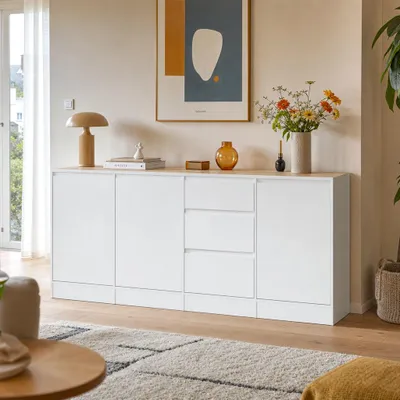 Produktbild von Sideboard mit 3-Türe und 3 Schubladen, Aufbewahrungsschrank mit Regalen, Kommode, Geschirrschrank, MDF, Weiß, 81 × 180 × 35 cm