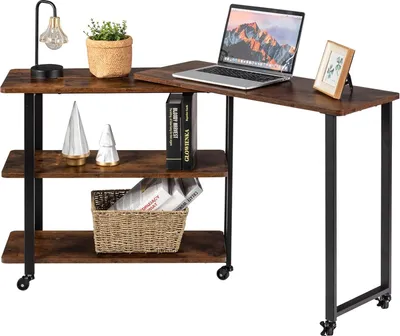 Produktbild von COSTWAY Stolik boczny w kształcie litery L z kółkami i 2 półkami, stolik komputerowy obracany o 360°, wielofunkcyjny stolik rozkładany 80 x 30 x 67 cm