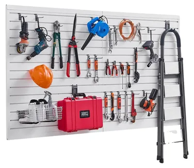 Produktbild von VEVOR Slatwall-Paneele, 4 ft x 2 ft schwarze Garagenwandpaneele 24"H x 48"L (Set aus 2 Paneelen), robuste Garagenwand-Organizer-Paneele zur Präsentation für Einzelhandelsgeschäfte, Garagenwände und Bastelaufbewahrung, Weiß