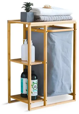 Produktbild von Badezimmerschrank aus Bambus mit Wäschekorb, 2 Ablagen, 50 x 30 x 70 cm
