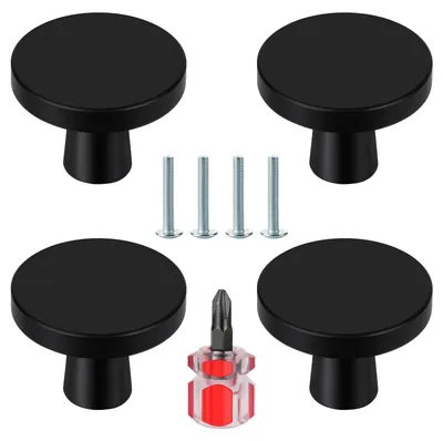 Image de 4 boutons de meuble, noir mat, poignées de tiroir, poignées à un trou avec vis incluses pour armoires, poignées rondes de porte/tiroir en acier inoxydable pour armoires, tournevis inclus
