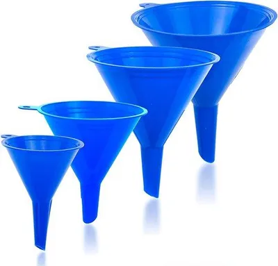 Immagine prodotto di Imbuto blu in quattro misure (122, 101, 76 e 50 mm) - Resistente e privo di sostanze tossiche - Imbuto per il riempimento di bottiglie