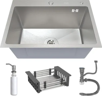 A stainless steel kitchen sink with accessories, presented against a white background.