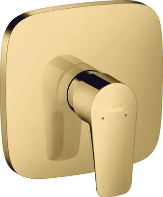 A close-up studio shot of a gold-colored shower mixer.
