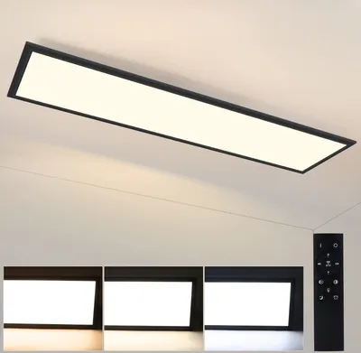 A rectangular LED panel light mounted on a ceiling, with a remote control and three smaller images showing different light color temperatures below.