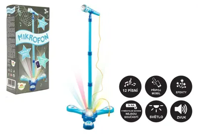 Image de Microphone de karaoké bleu en plastique, à piles, avec lumière et son, dans une boîte de 17 x 34 x 7 cm