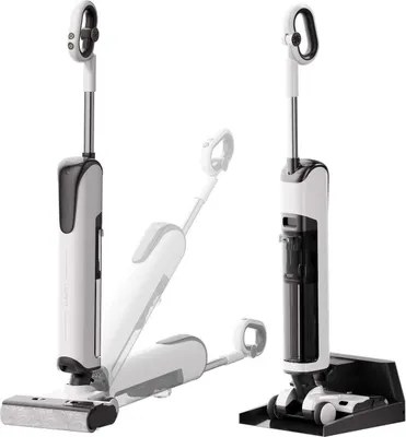 Multiple views of a white and black cordless vacuum cleaner with a charging station, presented on a white background.