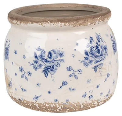 Productafbeelding van Clayre & Eef bloempot, diameter 12 cm, hoogte 10 cm, beige, blauw, keramiek, rozenmotief
