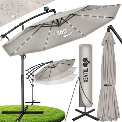 Produktbild von tillvex Alu Ampelschirm Taupe LED Solar Ø 350 cm mit Kurbel | Sonnenschirm mit An-/Ausschalter | Gartenschirm UV-Schutz Aluminium | Kurbelschirm mit Ständer Marktschirm wasserdicht, KI-generiertes Bild