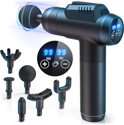 Produktbild von Massagepistole mit 99 Geschwindigkeiten, 6 Massageköpfen, leise 45dB, AI-Touchscreen, tragbar, Muskelmassagegerät für Rücken, Nacken, Schulter