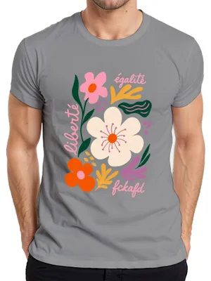 Zdjęcie produktu dla T-shirt męski, kolor szary, rozmiar M. Nadruk: "Liberté Égalité Fckafd Blumen Freiheit Statement" (sarkastyczny motyw kwiatowy)
