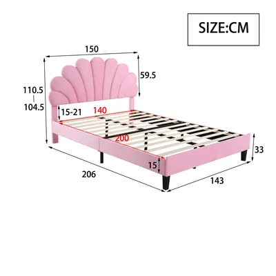 Image de okwish Lit double rembourré 140 x 200 cm avec tête de lit fleurie et sommier à lattes, lit pour adultes ou adolescents en velours doux – rose