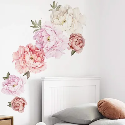 Produktbild von Wandaufkleber mit Pfingstrosenblüten in Aquarellfarbe, florale Wandsticker für Wohnzimmer, zarte weiße und rosa Blumen, Wandposter, Vinyl-Blütenkunst-Applikation für Schlafzimmer, Mädchenzimmer