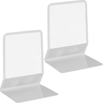 Produktbild von Relaxdays Buchstütze, 2er-Set, modernes Mesh-Design, Bücher und Ordner, Buchhalter HxBxT: 17x13,5x10,5 cm, Metall, weiß