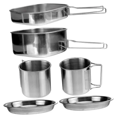 Produktbild von Edelstahl Camping Kochgeschirr Set für Personen - Leichtes und hitzebeständiges Picknickgeschirr mit Topf, Pfanne, Tellern und Bechern für Grillen, Wandern und Outdoor-Aktivitäten