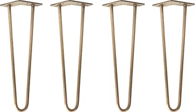 Produktbild von Natural Goods Berlin HAIRPIN Legs, Haarnadelbeine, Möbelfüße, Tischbeine, Antik Gold, 40 cm, 2 Streben, 4 Stück