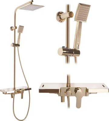 A gold shower set displayed against a white background.