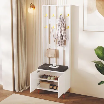 Produktbild von STILVORA  Garderobenset mit Schuhbank und Kissen, Garderobenfront mit Haken, Kleiderschrank für Flur Weiß