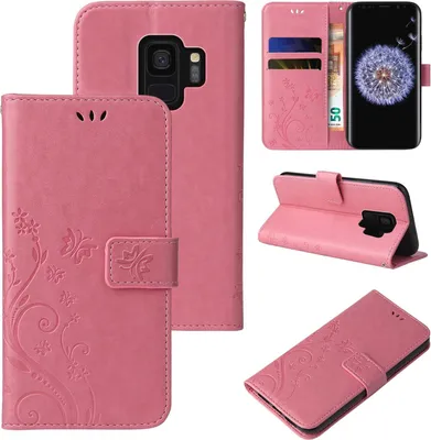 Produktbild von Handyhülle für Samsung Galaxy S9 Floral Blumen Schmetterling Flip Cover Hülle Case Klapphülle Handytasche Farbe: Rosegold
