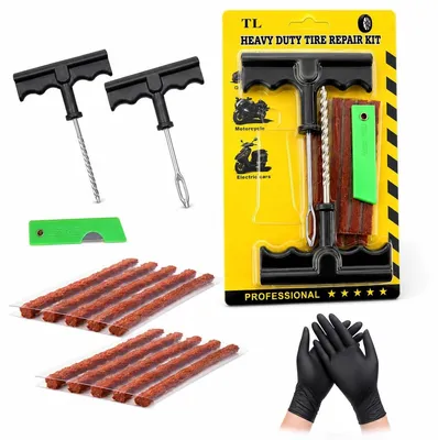 Image de Kit de réparation de pneu - Tubeless - 35 bandes - Avec outil T et couteau - Voiture et moto