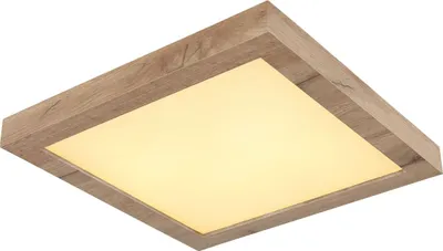 Produktbild von Globo Lighting Deckenleuchte Metall weiß matt, MDF holzoptik dunkel, Kunststoff opal, LxBxH: 350x350x60mm, inkl. LED 16W 230V, 1800lm Source, 620lm Output, 3000K